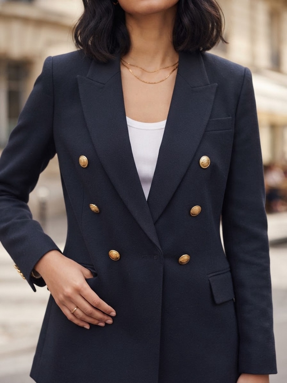 Double-Breasted Navy Women's Blazer with Gold Buttons